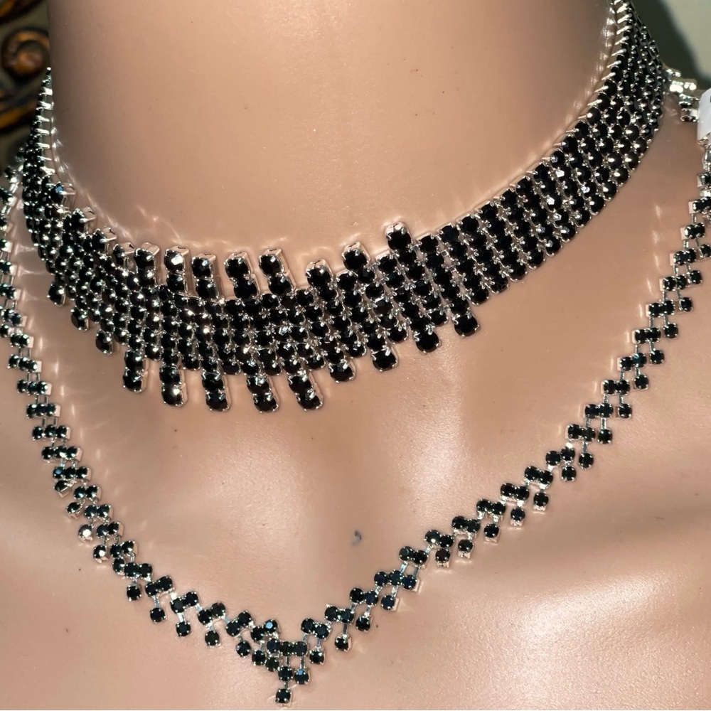 FREE PEOPLE BLACK RHINESTONE DOBLE CHOKER NECKLACE SILVER TONE SATURDAY NIGHT